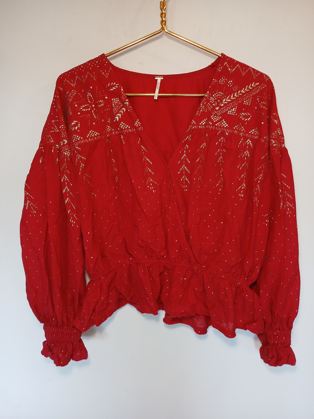 Free People 100% Cotton Red Metallic-Embellished V-Neck Peasant Top